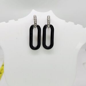 Tory Burch Earrings Roxanne Link Black Silver Pave cz Rhinestone Dangle Earrings